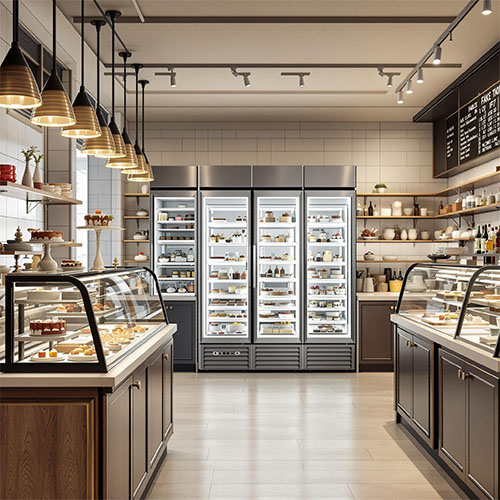 Home 25 MX commercial four-door freezer, stainless steel body with intelligent touch panel, multi-temperature independent storage system, equipped with LED lighting and air-cooled frost-free technology, in line with food safety standards for catering industry