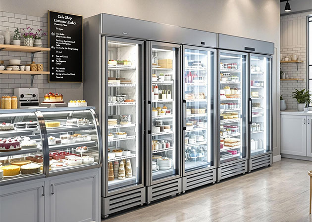 Stainless steel multi-door commercial freezer with integrated intelligent temperature control panel and LED lighting system, anti-fog glass door for displaying ingredients, modular storage shelves to optimise space management