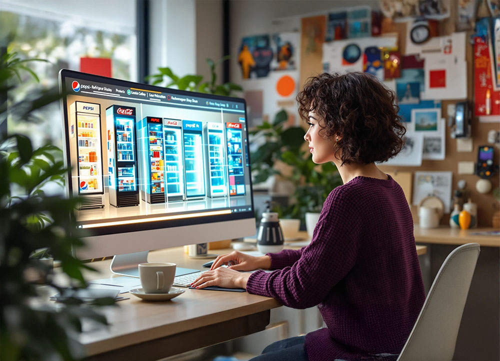 Home 14 MX Fridge professional service team on-site commissioning of commercial refrigeration equipment, engineers operate intelligent control panels, stainless steel freezers modular combination of display, to provide customised solutions for the catering retail industry