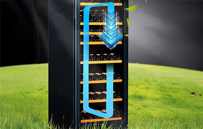 Stainless steel frost-free refrigerator with LED display and glass shelves, showing air circulation system in a modern commercial kitchen