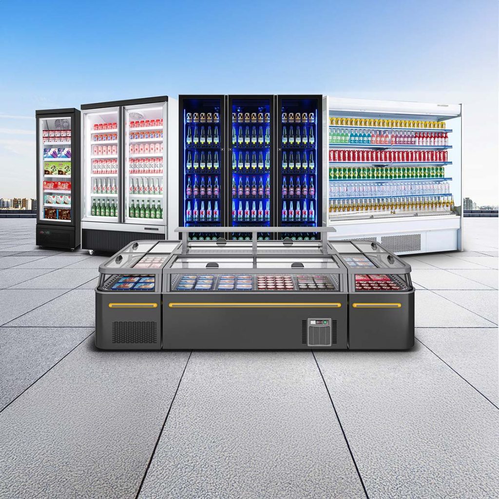 NSF-certified retail island freezer with modular stainless steel design and energy-efficient LED lighting for supermarket frozen goods display