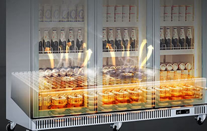 Internal structure of drainless commercial freezer: condensate evaporation system, compressor waste heat circulation module, air-cooled frost-free technology components show