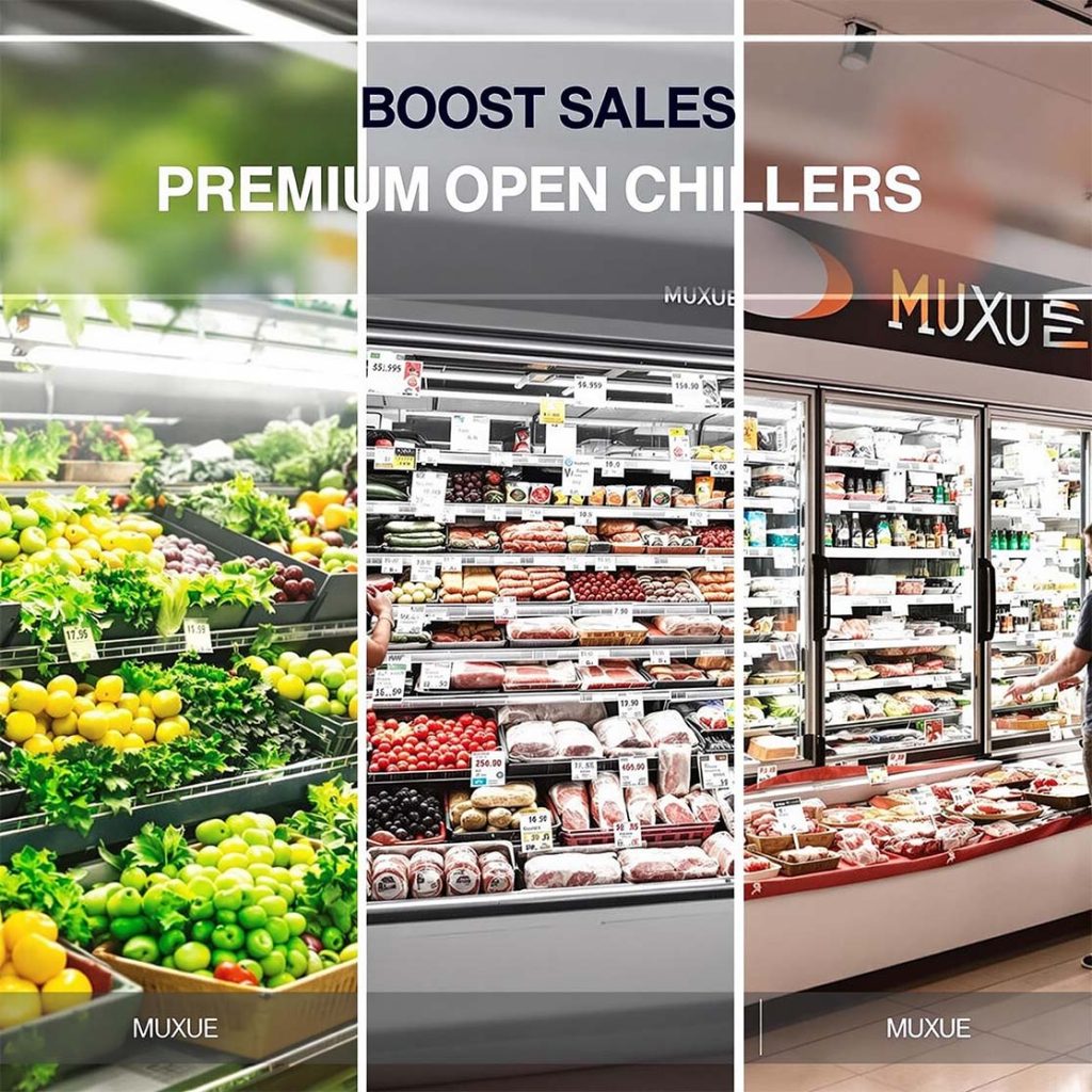 NSF-certified open front supermarket chiller with anti-fog glass and energy-efficient LED lighting for fresh goods display