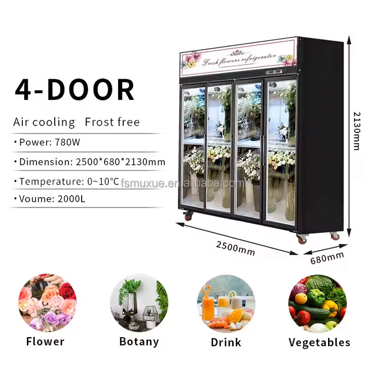4 Glass Doors Flower Display Cabinet Cooler Fresh Keeping Refrigeration Cold Storage Floral Display Walk in Cooler MX-XHG2500F - Image 3