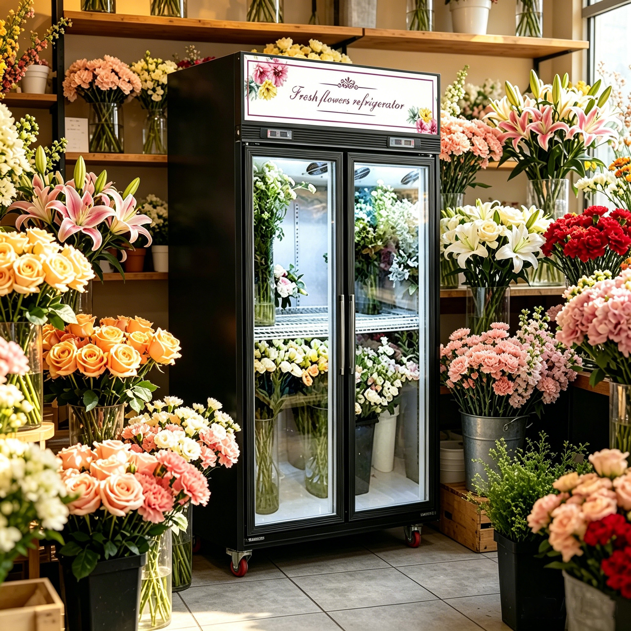 Guaranteed Freshness: Commercial 2-Door Flower Fridge with LED Lighting & Flexible Shelves, Perfect for Florists (MX-XHG1260F) 1 flower display refrigerator