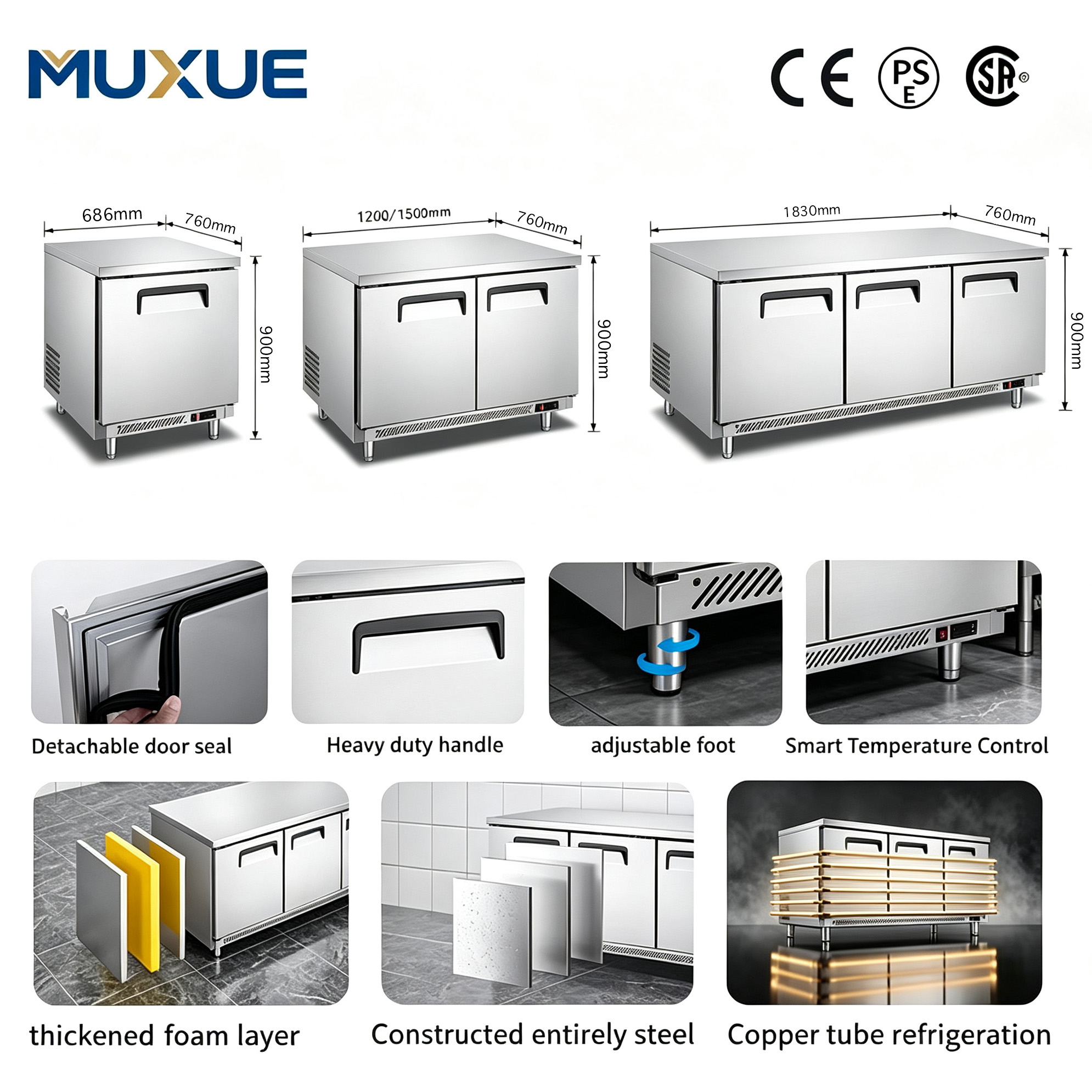 Commercial Under-Counter Workbench Refrigerator & Freezer | MUXUE| 110V 60Hz R290 Stainless Steel 2 2