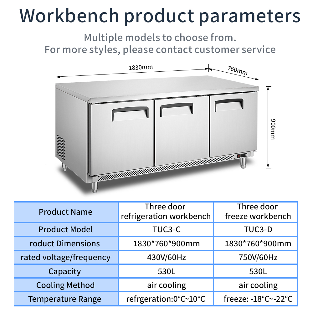 Commercial Under-Counter Workbench Refrigerator & Freezer | MUXUE| 110V 60Hz R290 Stainless Steel 9 3 Door Commercial Under-Counter Workbench