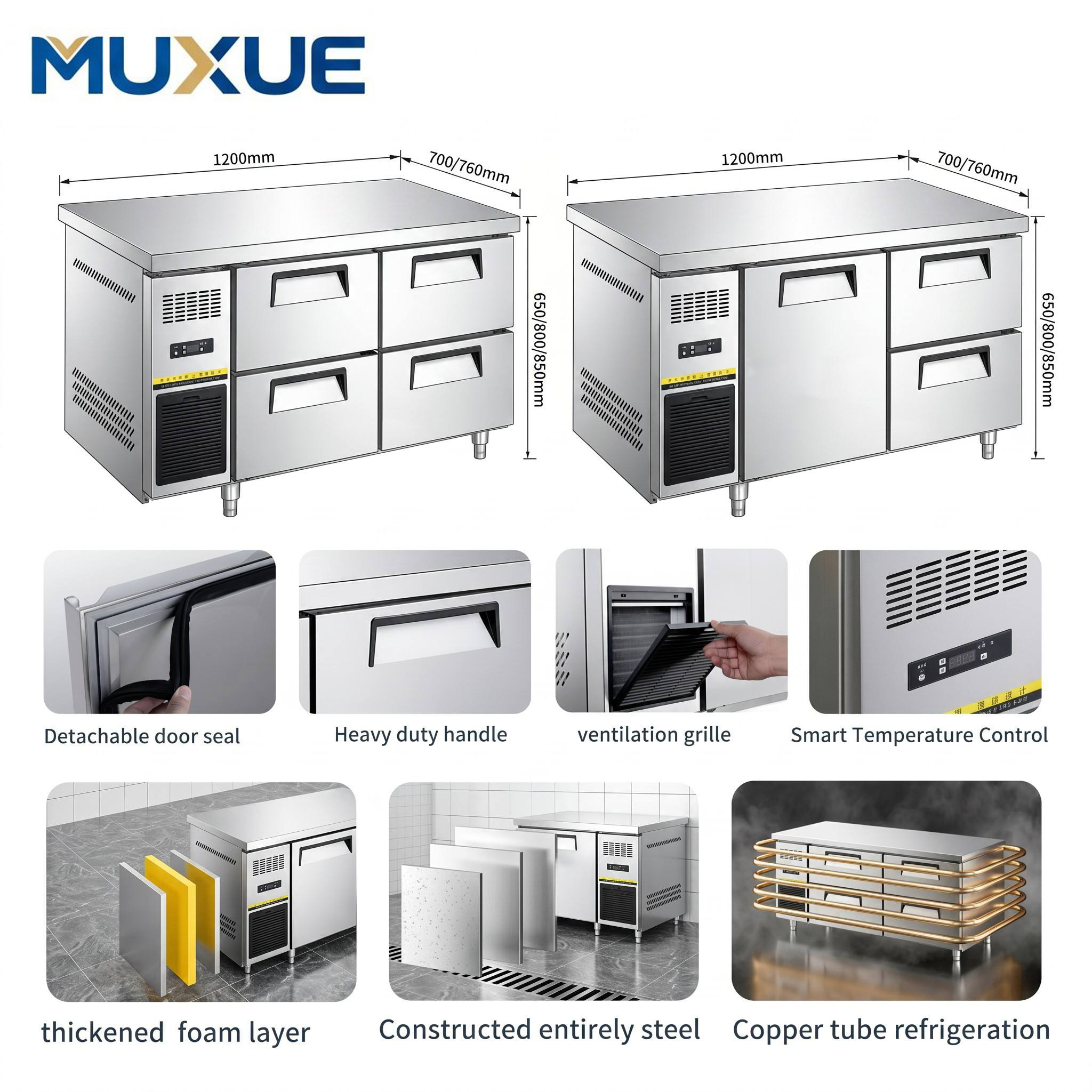 MUXUE Heavy-Duty Commercial Stainless Steel Workbench Chiller | 1.2m & 1.5m SUS201/304 Under-Counter Drawer Refrigerator 3 主图1 1 2